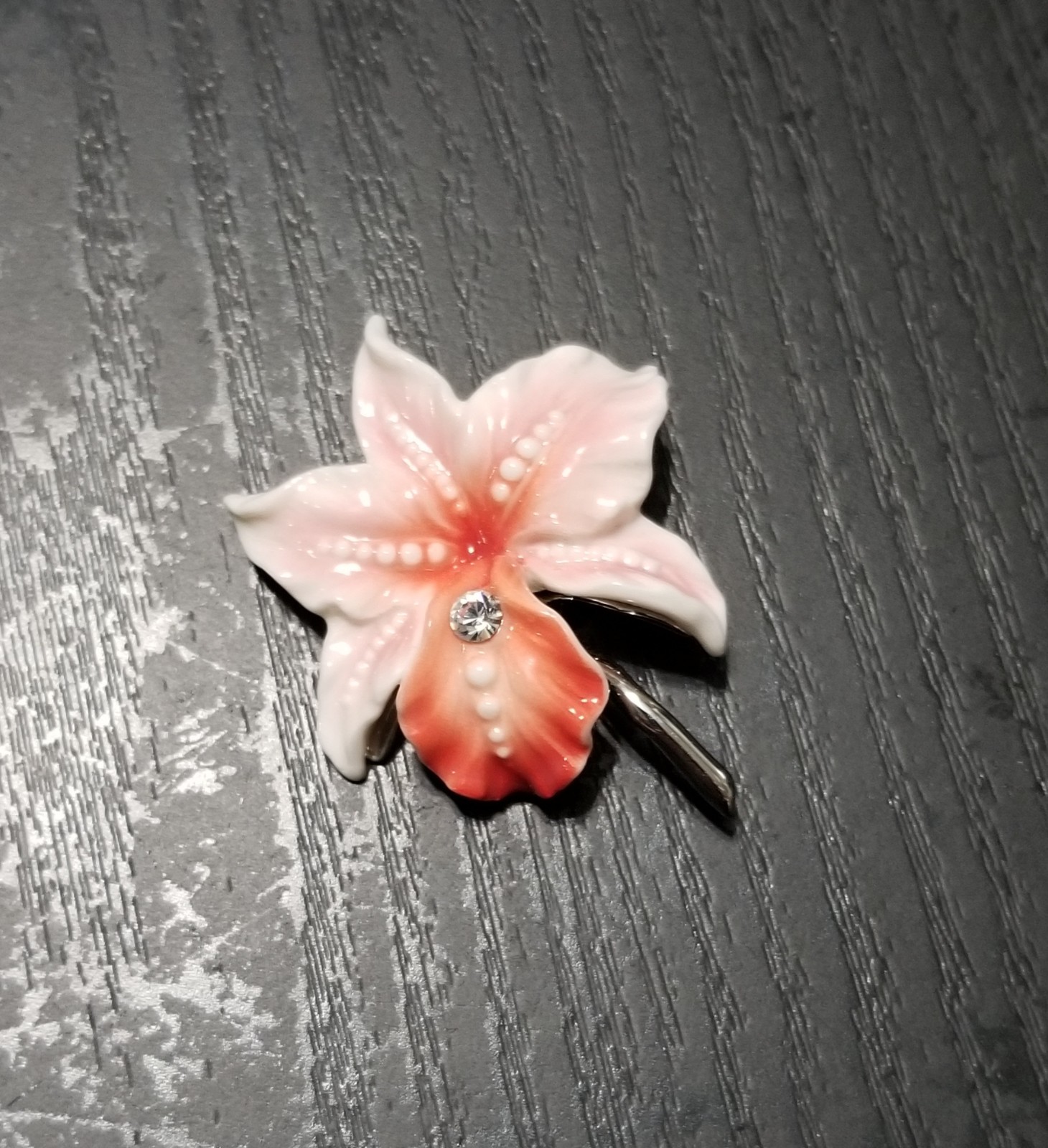 Franz Porcelain Pink Orchid Rhodium Pendant – Discontinued Mint With Box Signed