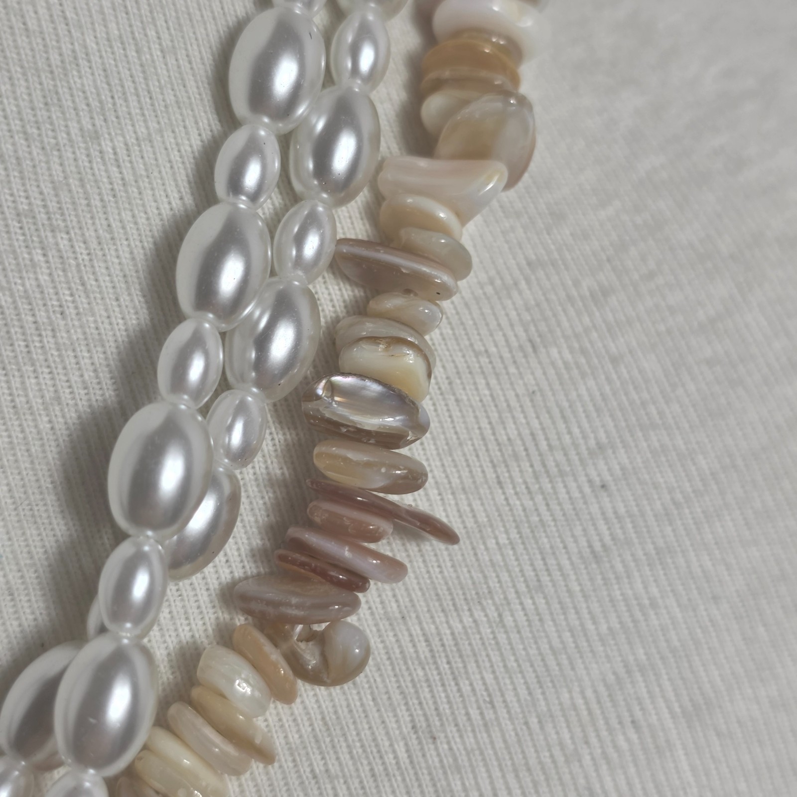 Vintage Inspired Multi-Strand Necklace Faux White Pearls & Earthtone Shell Chips