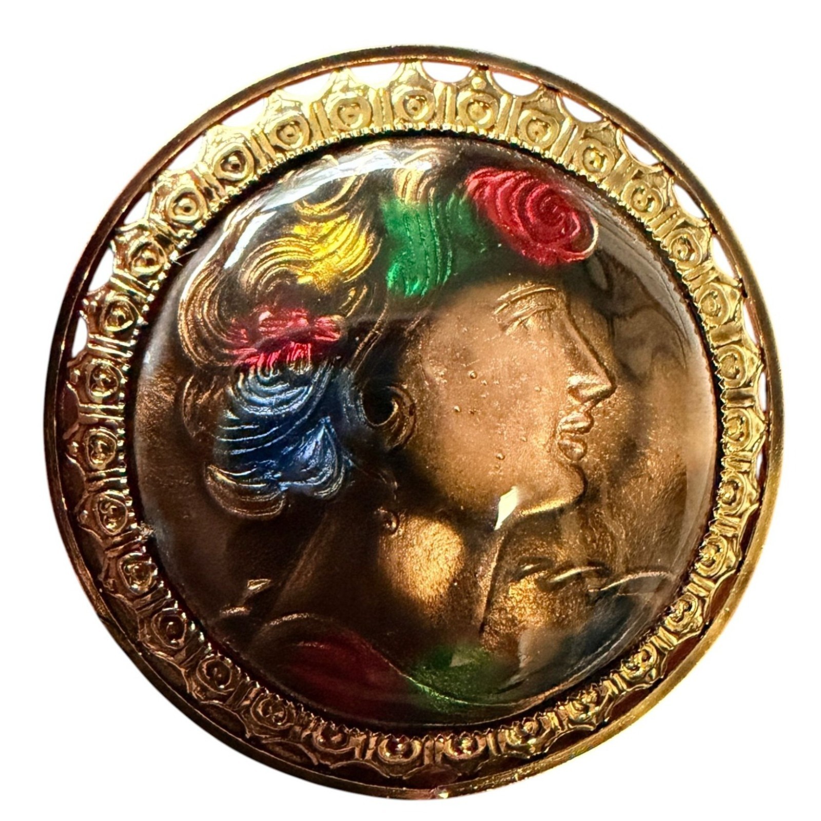 Vintage 1950s Reverse Carved Lucite Renaissance Lady Brooch New Old Stock