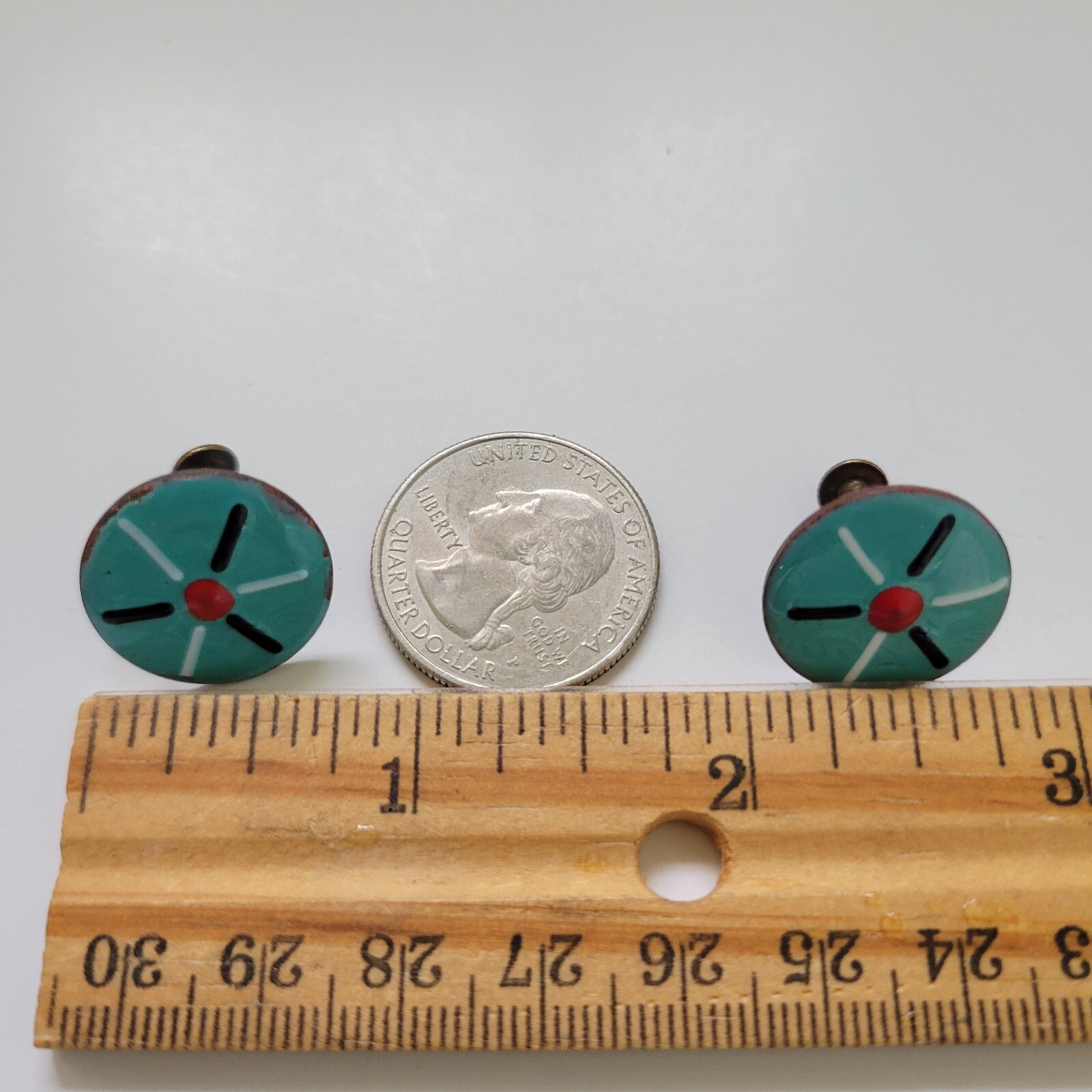 Vintage Copper and Enamel Screwback Earrings Round Turquoise Color .75 Inches