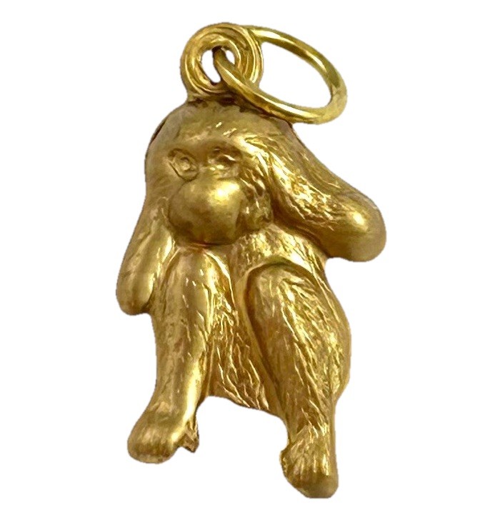 Vintage Charm Hear No Evil Monkey Necklace Pendant Puffy Brass Metal Jewelry