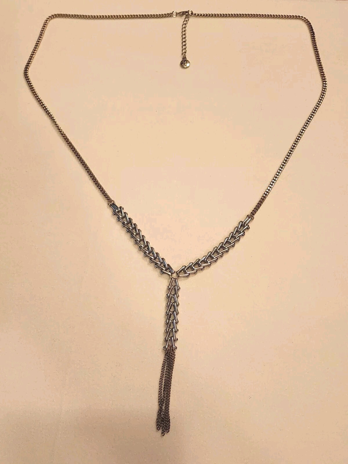 Signed Hinged Chevron Link & Curb Chain Y Statement Necklace Mixed Metals
