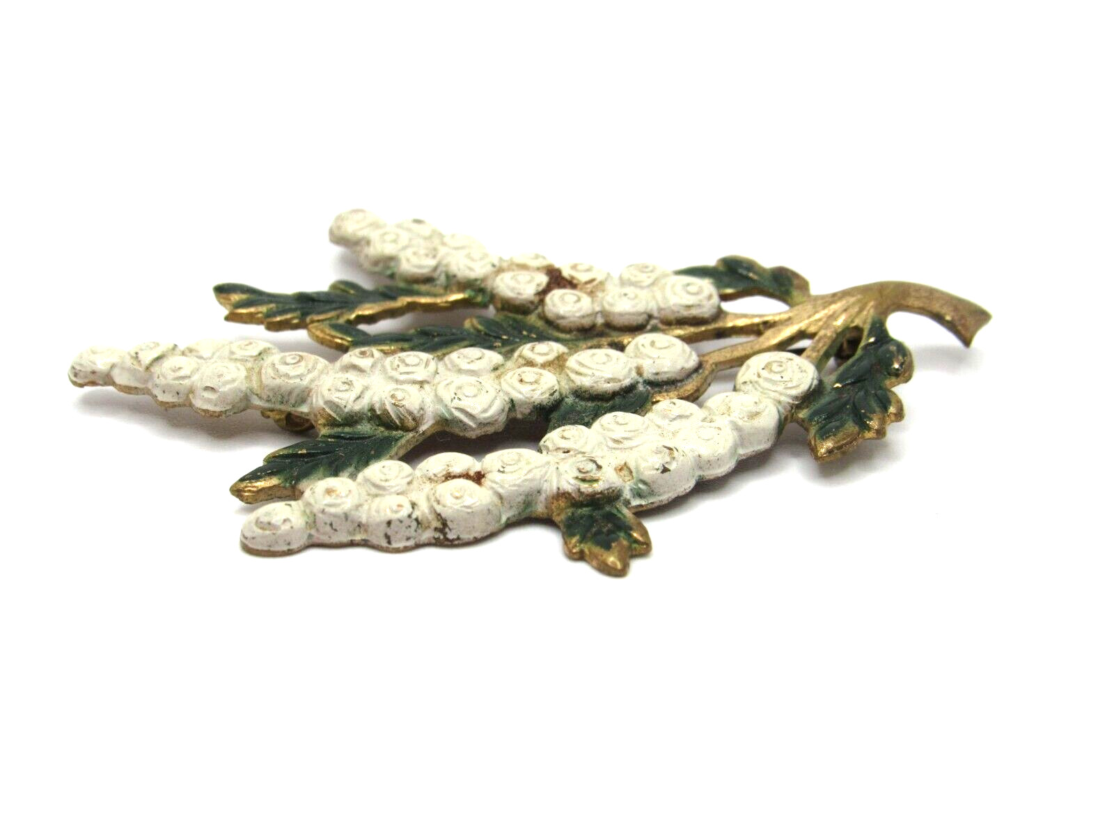 Vintage 1920’s White Wisteria Flower Floral Enamel Gold Tone Flat Brooch Pin