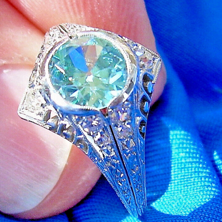 NATURAL EARTH MINED Blue Zircon DIAMOND PLATINUM ORIGINAL DECO Engagement Ring 8