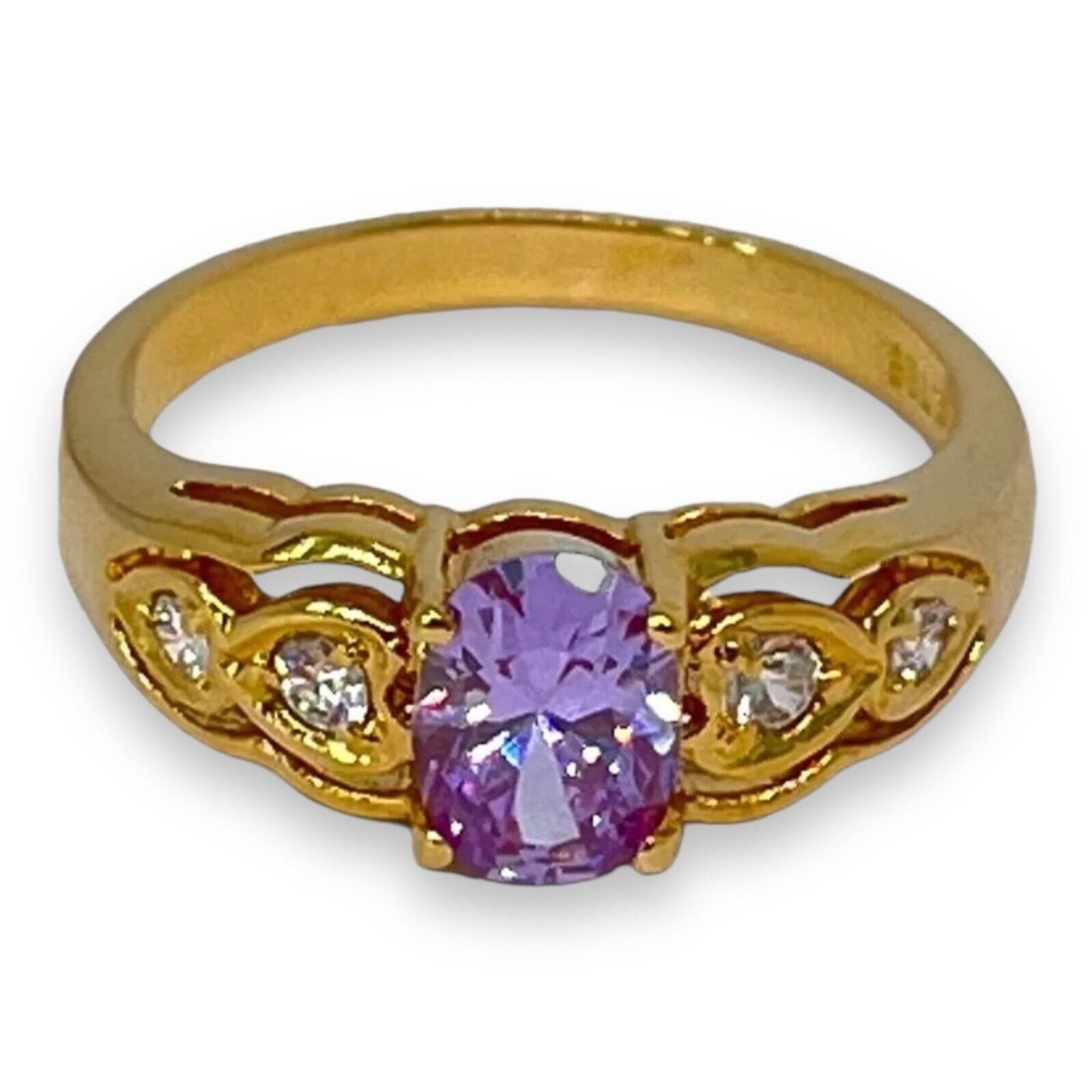 Vintage 1980s Ring Size 4 Lavender CZ Prong Set Gold Plated Band – 14J