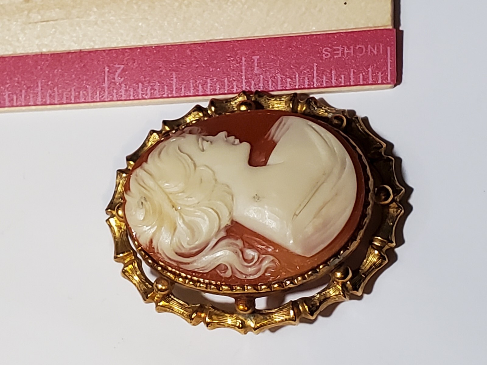 Vintage Brooch Pin Raised Cameo Costume Jewelry Gold Tone Girl With Ponytail
