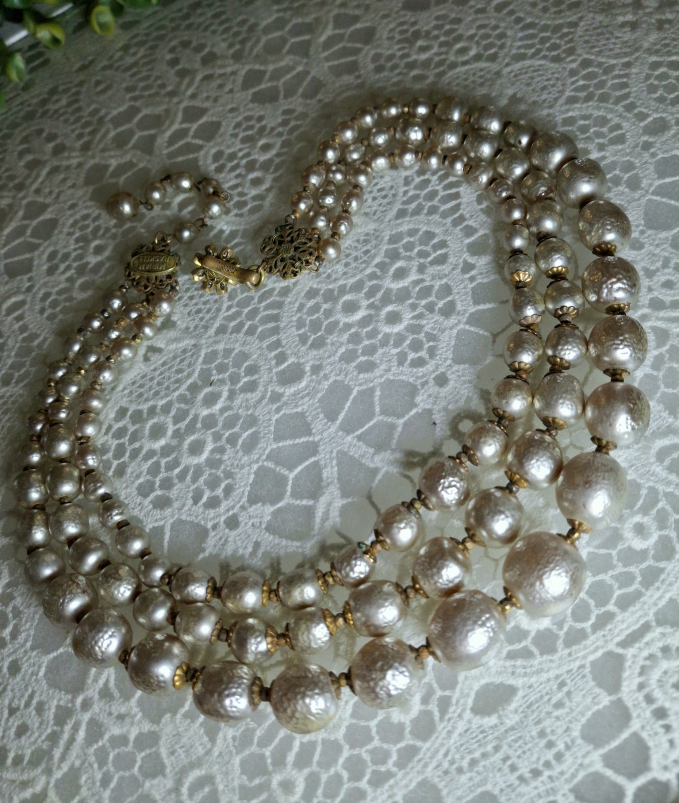 Early Signed Miriam Haskell 3 Strand Silver Niki Baroque Pearl Necklace
