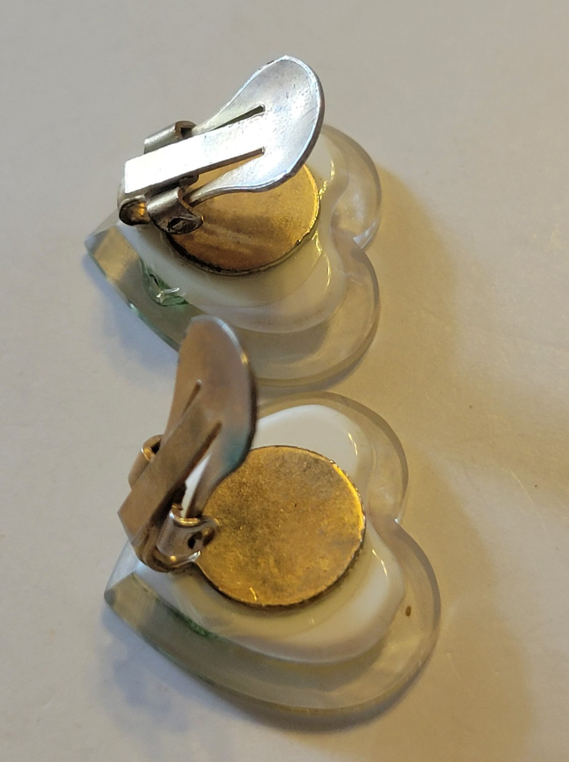 Vtg Estate Clip Earrings Acrylic Resin Heart Shaped Inlaid Yellow Rose Jewelry
