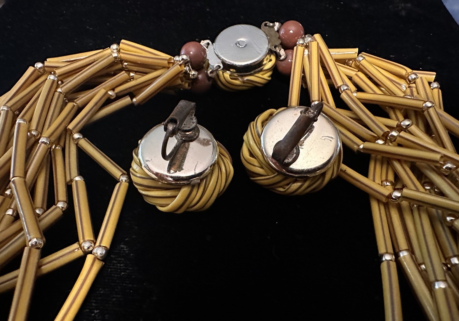 1960s Multiple Strand Yellow Brown Plastic Necklace Matching Clip On Earrings