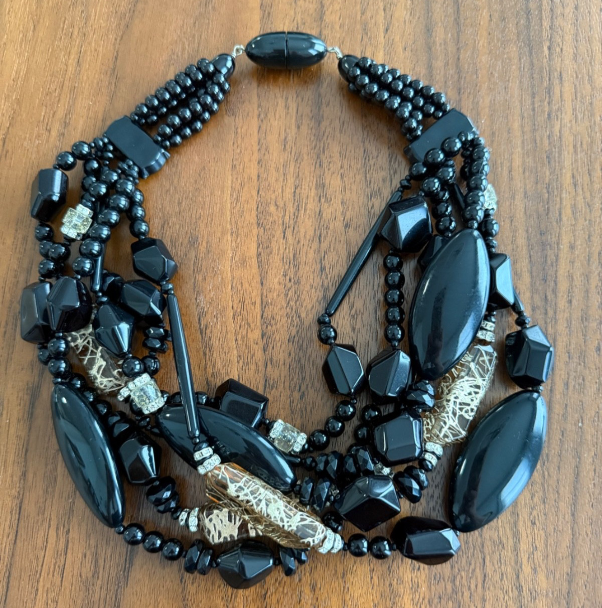 Angela Caputi Black & Clear Taupe Resin & Rhinestone Statement Necklace 21”