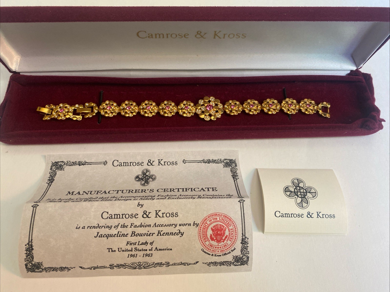 Camrose & Kross Jackie Kennedy Vintage Pink Gem Gold Tone Flower Link Bracelet