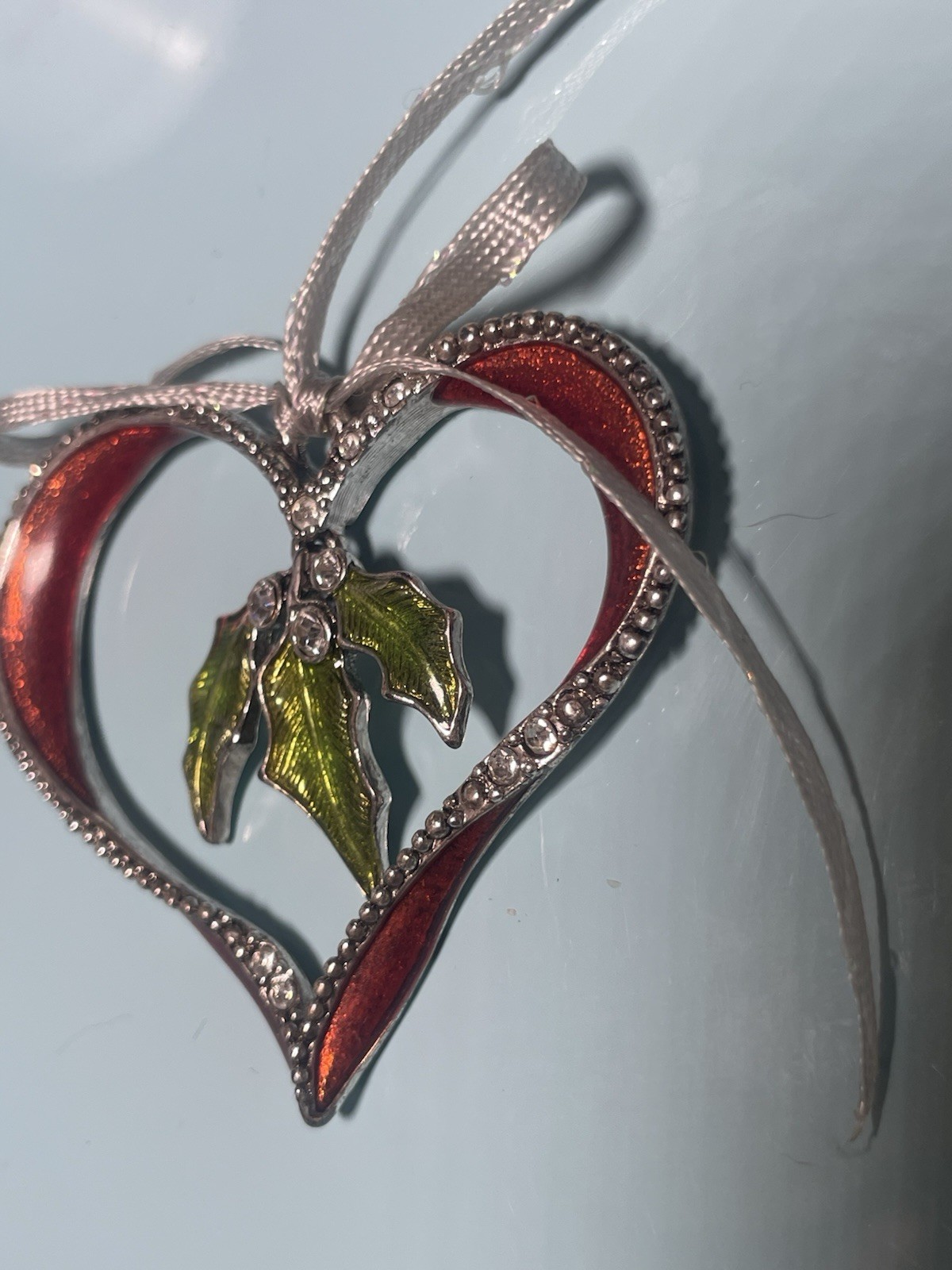 LC Signed Christmas Heart Ornament Brooch Red Enamel Holly Rhinestone Holiday Pi