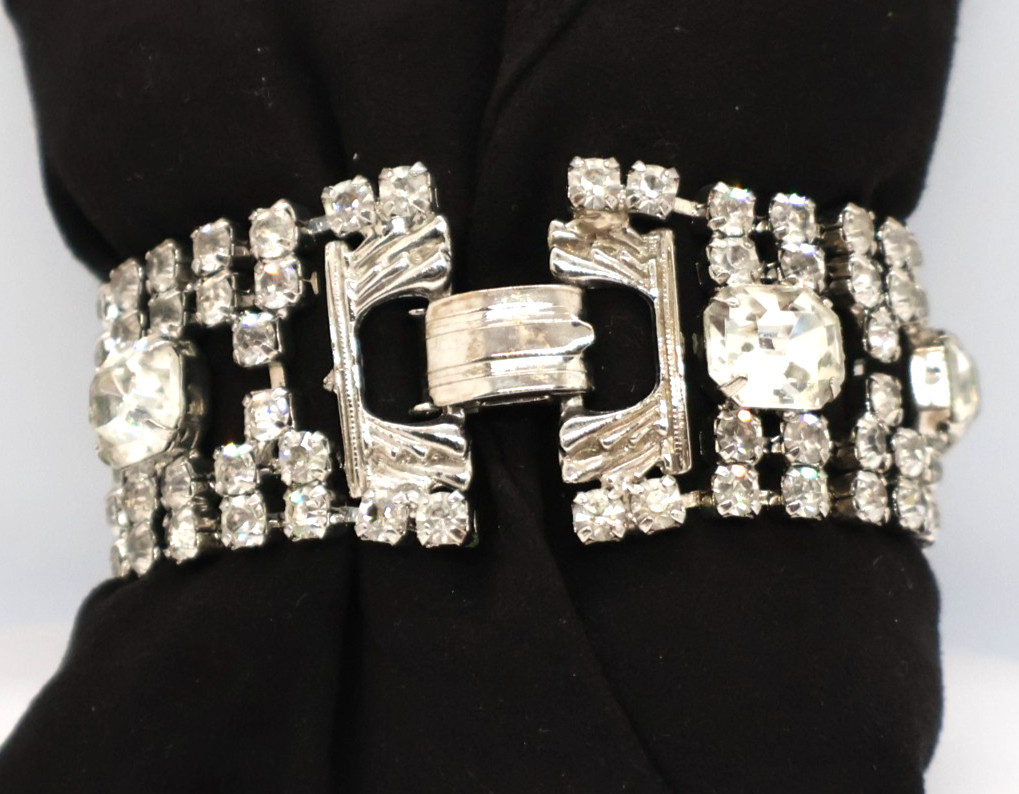 Vintage Rhinestone Bracelet w/ Multiple Rows of Rhinestones & Large Square Ones