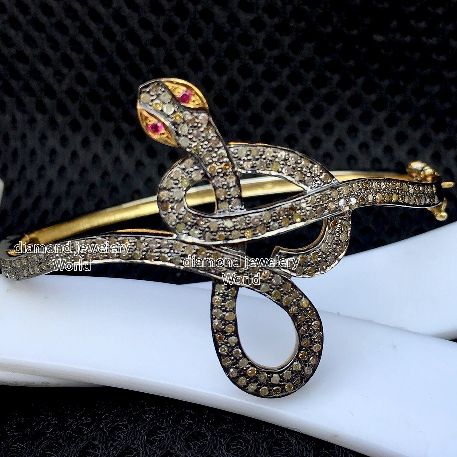 Stunning 1.51ct Rose Cut Diamond Ruby Silver Vintage Style Snake Bangle Bracelet