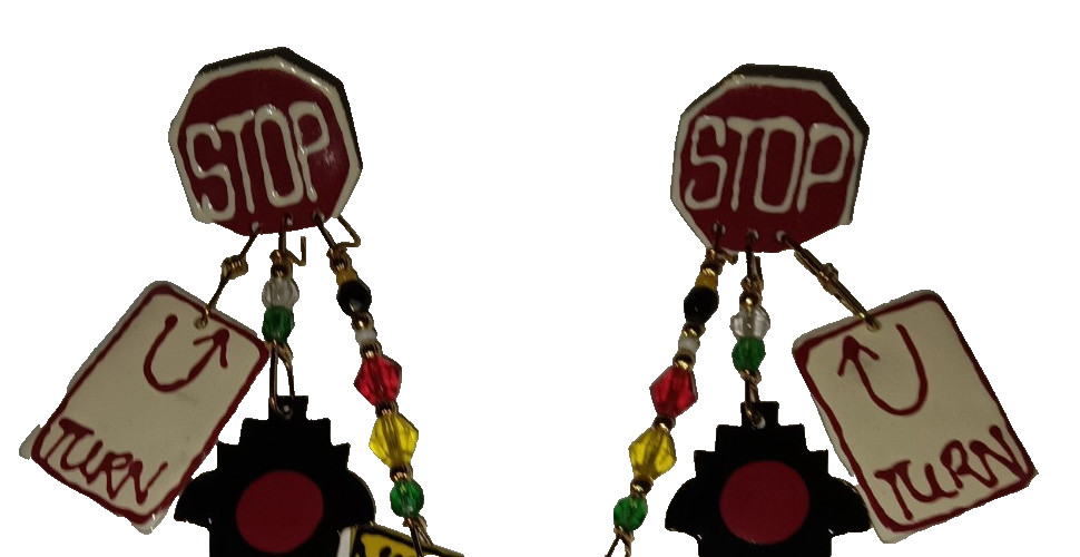 Vtg Enamel Lunch at Ritz Stop Sign Signals Traffic Light Pierced Dangle Earrings