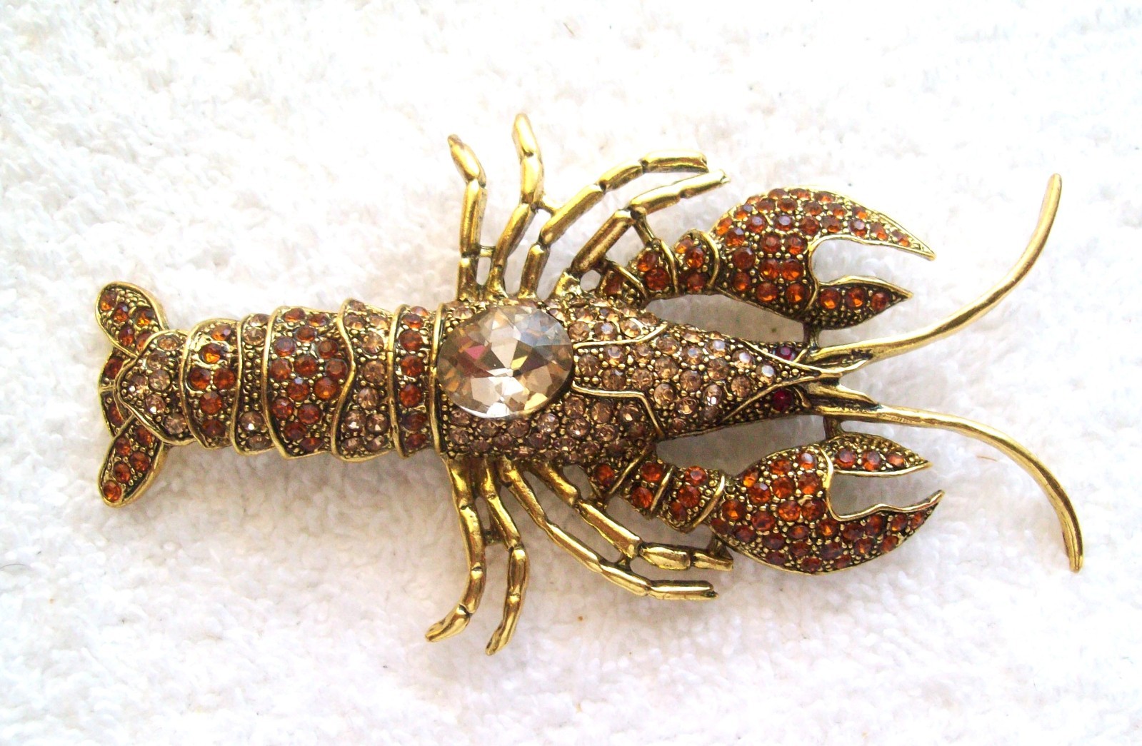 Vintage Large Lt. & Dark Amber Rhinestone Lobster 3.75″ Pin or Brooch