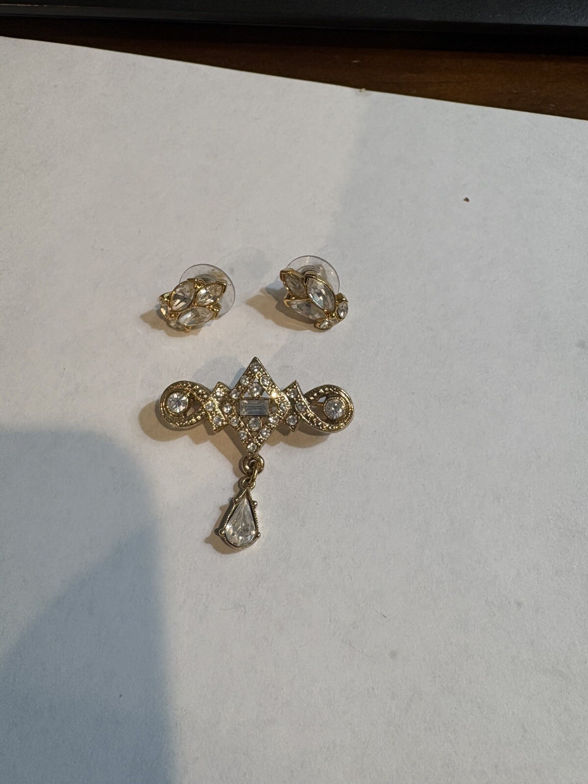 Gold Colored Pin With White Stone Costume And Earrings Lot