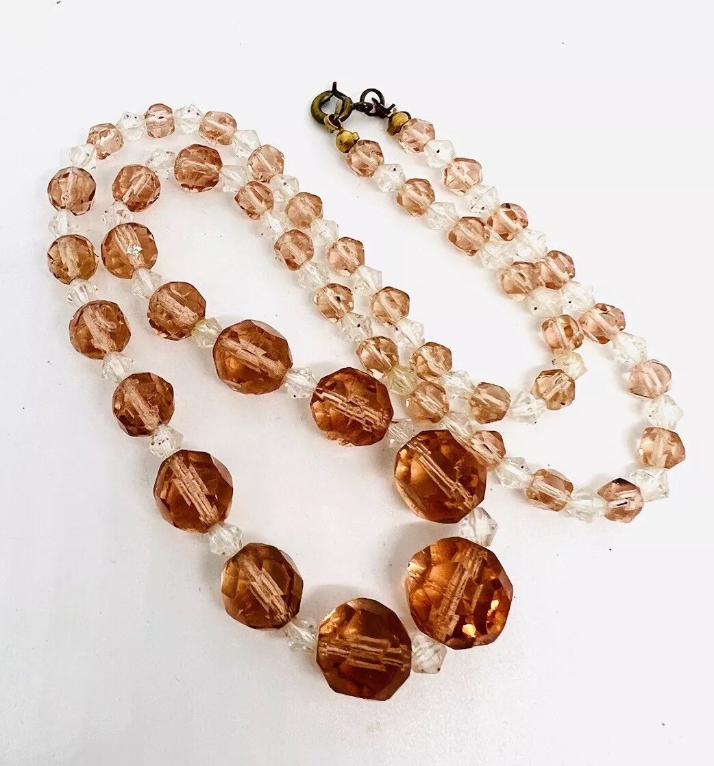 Art Deco Faceted Pink & Clear Glass Beaded Necklace 21 Inches Vintage Jewelry