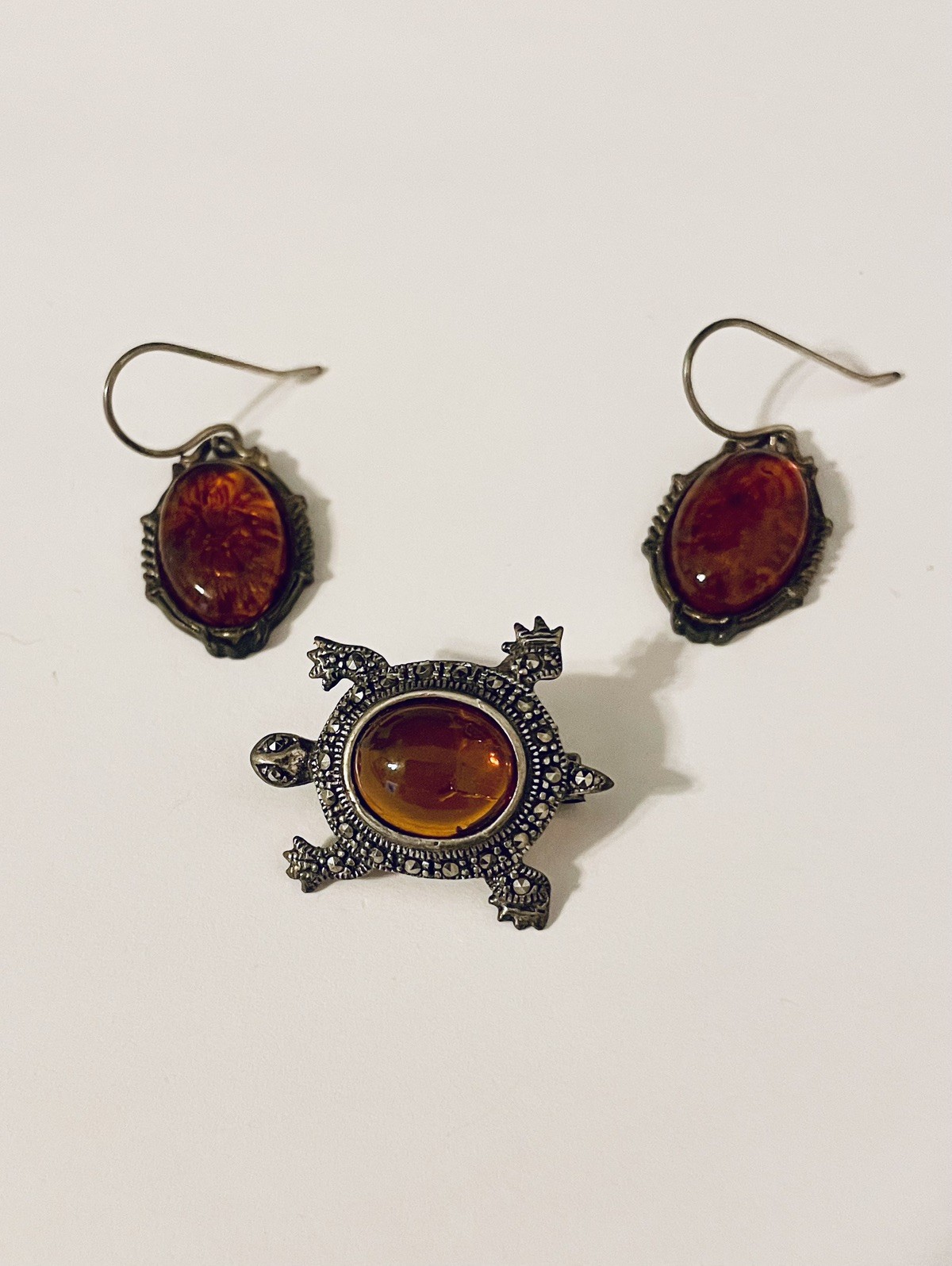 Vintage 925 Sterling Silver & Baltic Amber TURTLE Brooch Dangle Earrings Set