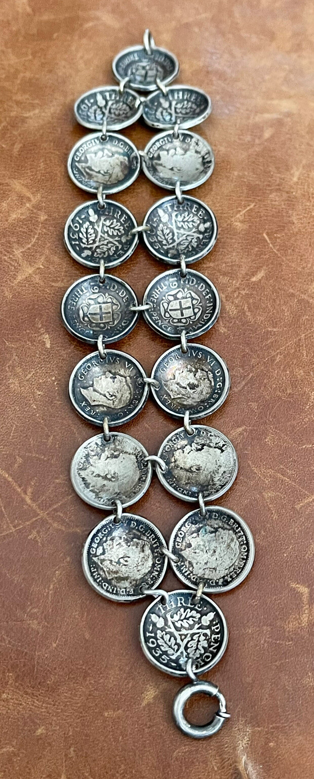 Old Great Britain Three pence .925 Sterling Coins Cupped Link Bracelet 6.25” In