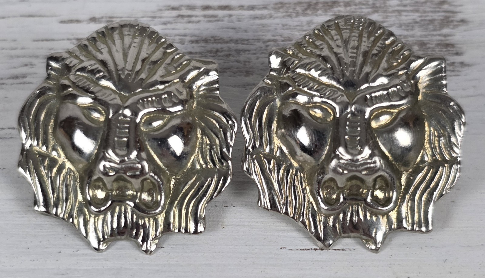 Vintage MCM Silver Tone Roaring Lion Head Pierced Earrings