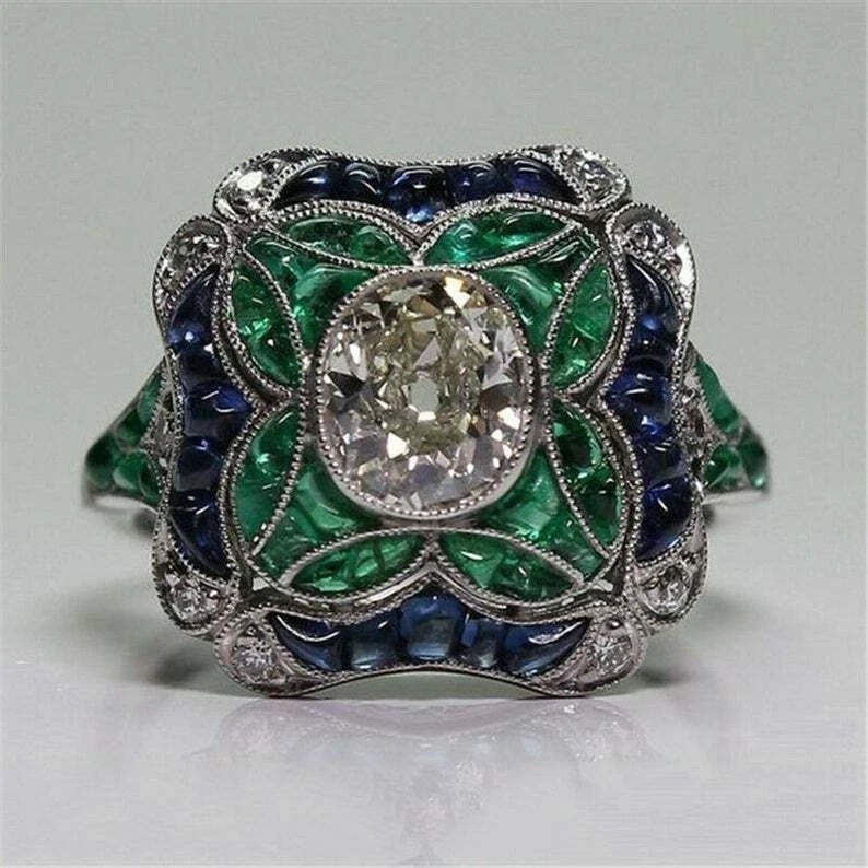 Art Deco Round Lab Created Diamond & Emerald Wedding 14Ct White Gold Finish Ring