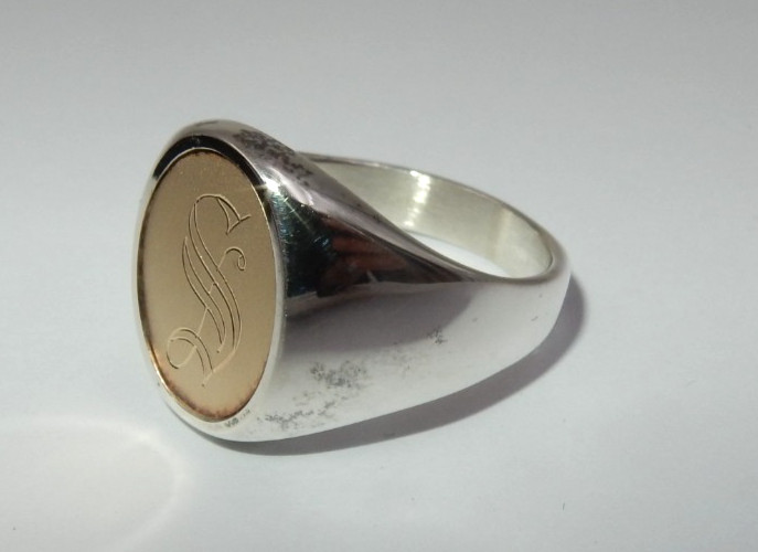 VINTAGE STERLING SILVER 14K GOLD SIGNET RING – “S” MONOGRAM, SIZE 9.5, 12 GRAMS