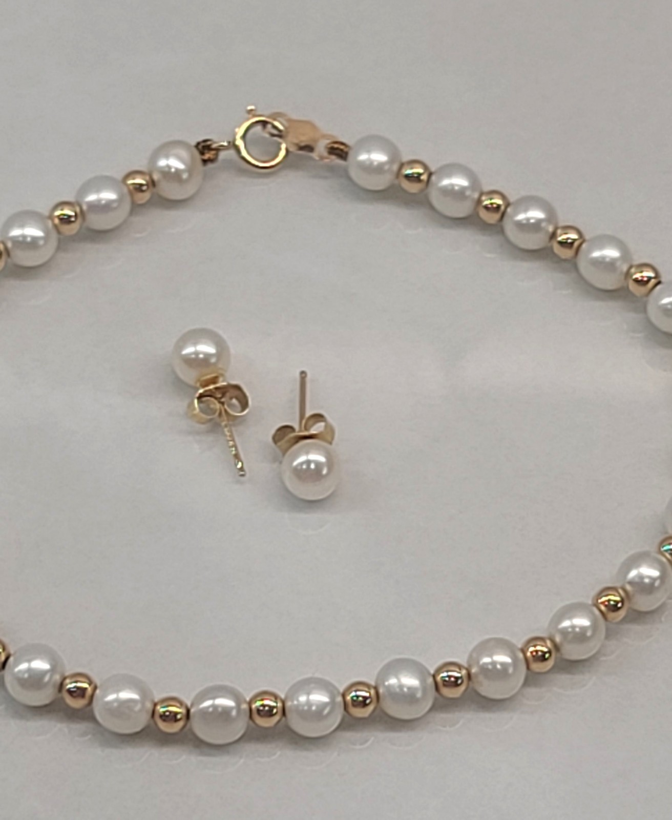 Vintage 14K Gold Bead-Pearl Jewelry Necklace Bracelet Earrings Set