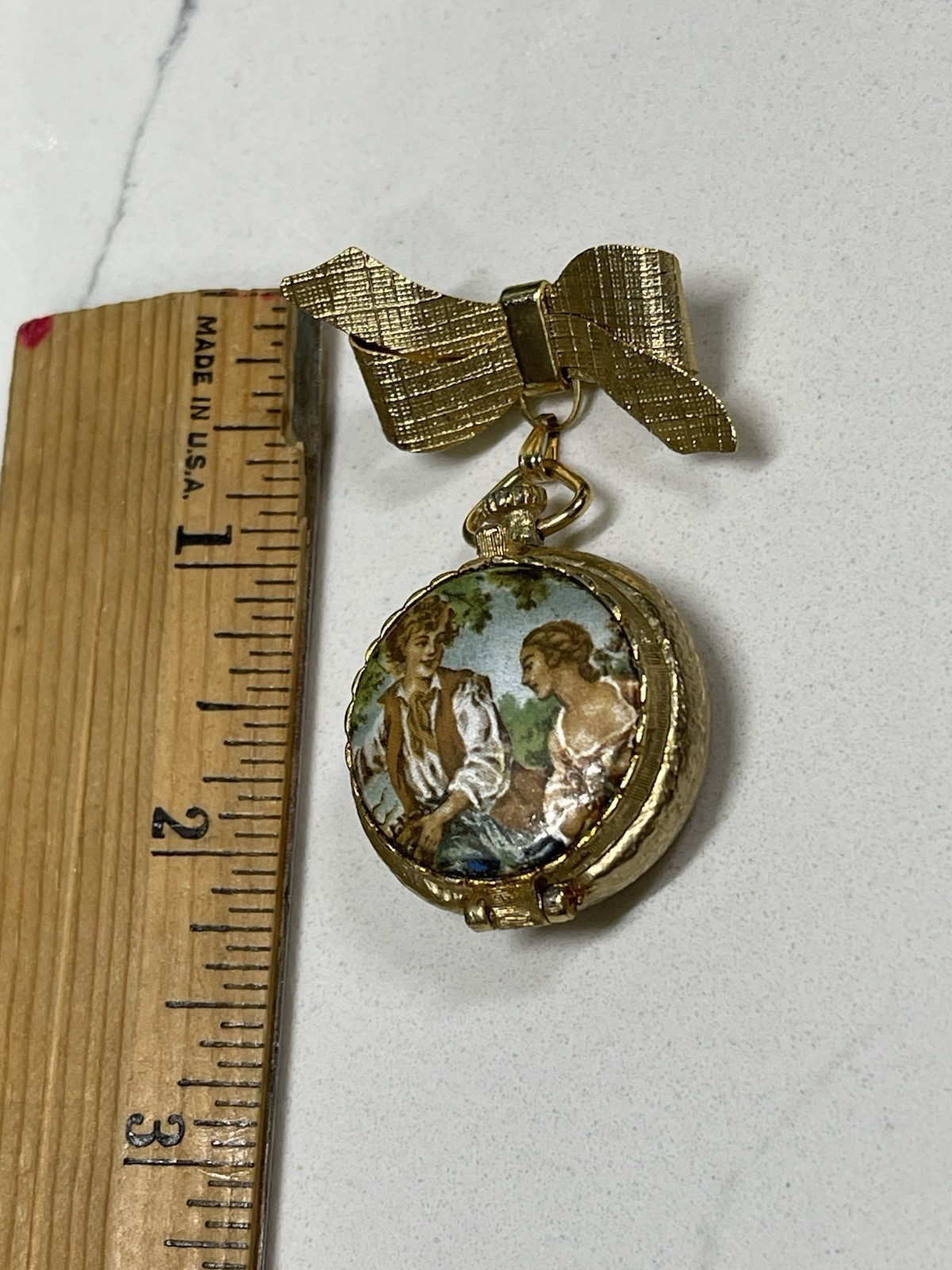 House of Fuller Solid Perfume Enameled Gold Locket Bow Brooch Unused