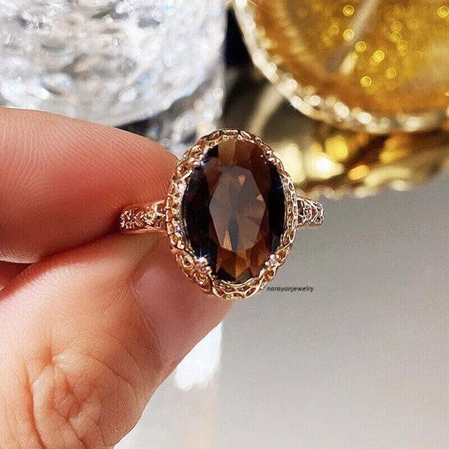 Edwardian 2.00Ct Oval Cut Smoky Quartz Solitaire Women Ring 14K Rose Gold Finish