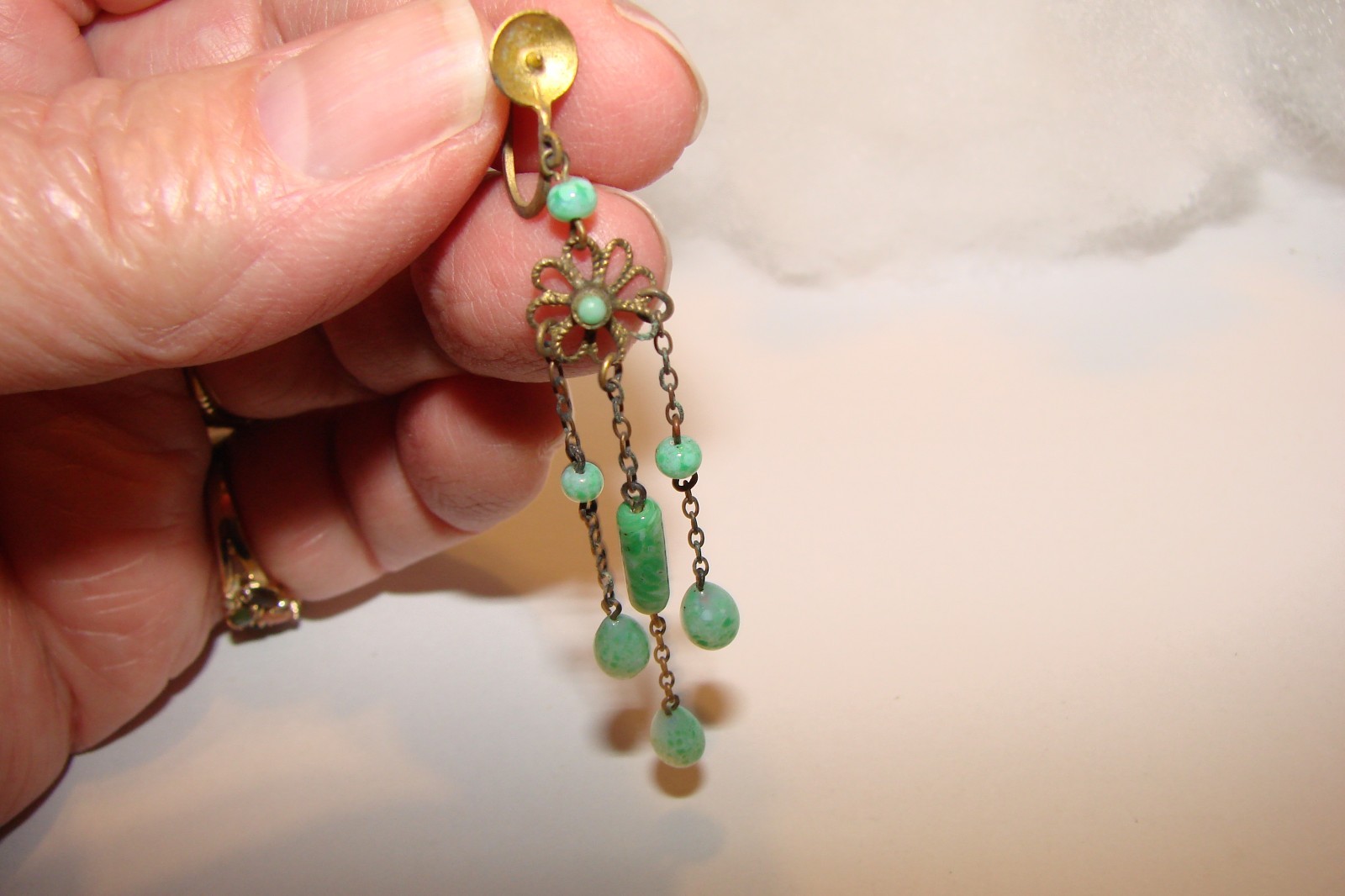 ANTIQUE PEKING GLASS SINGLE EARRING PLUS SATURN BEAD JADE? GOLD CHAIN ADDITIONS