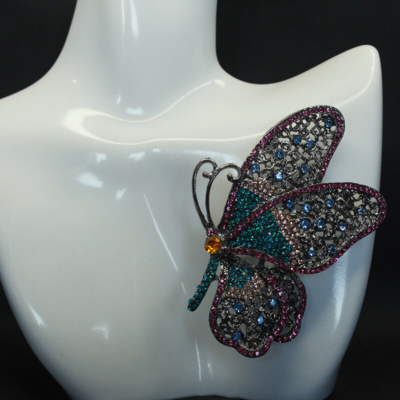Vintage Large Size Blue Purple Butterfly Zircon Alloy Corsage Brooch Collar Pin