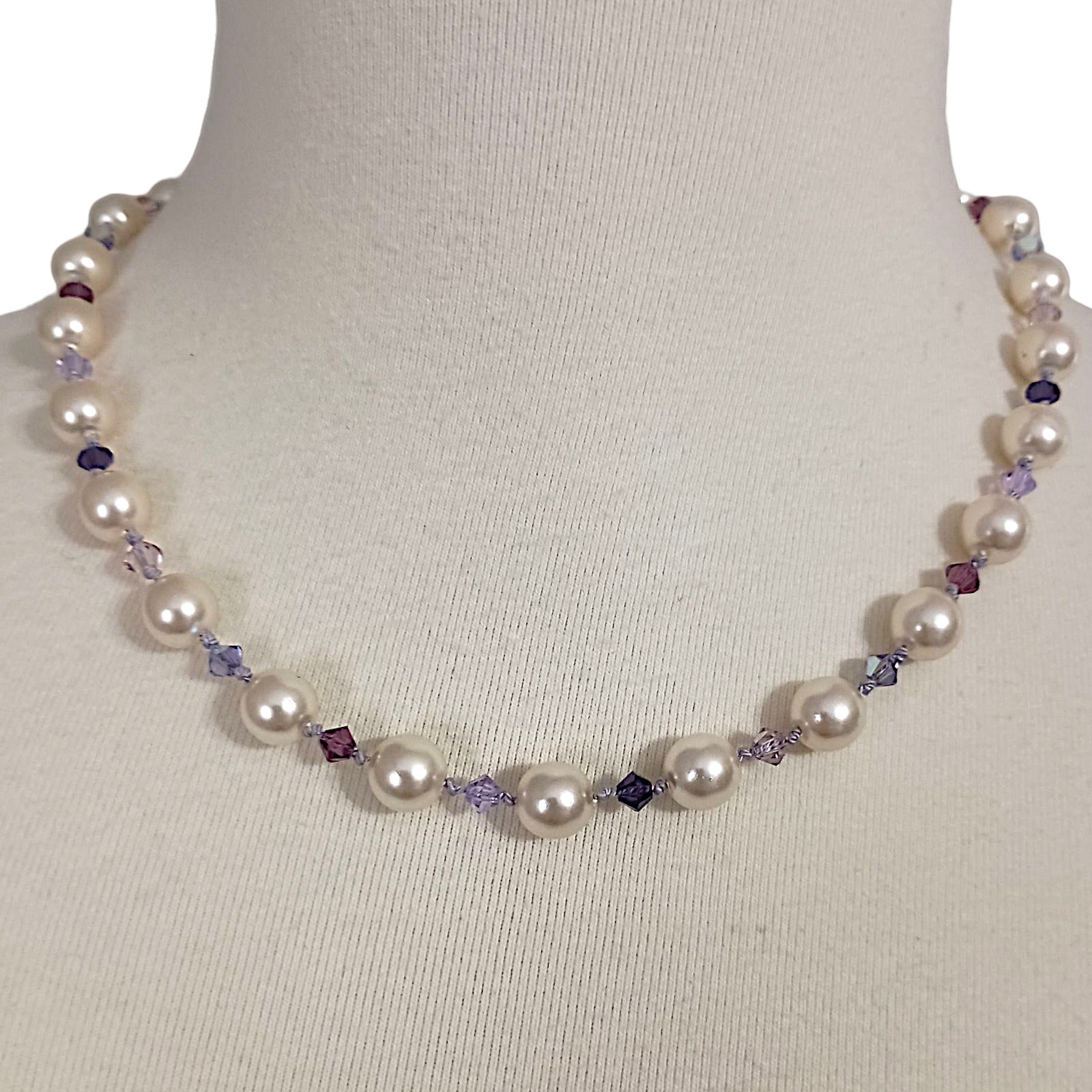 Vintage Purple Crystal Faux Pearl Necklace Beaded Hand Knotted Sterling Silver