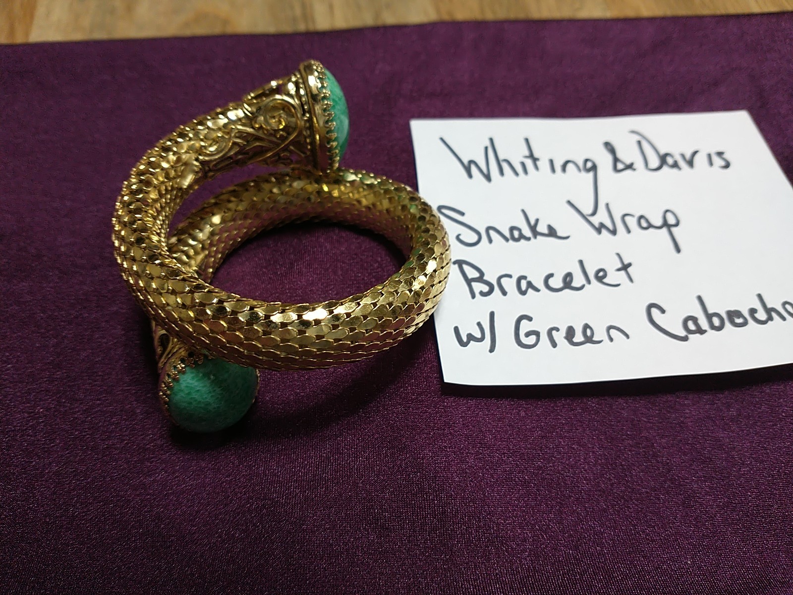 VINTAGE WHITING & DAVIS Mesh Snake Wrap Bracelet Green Peking Glass Cabochon