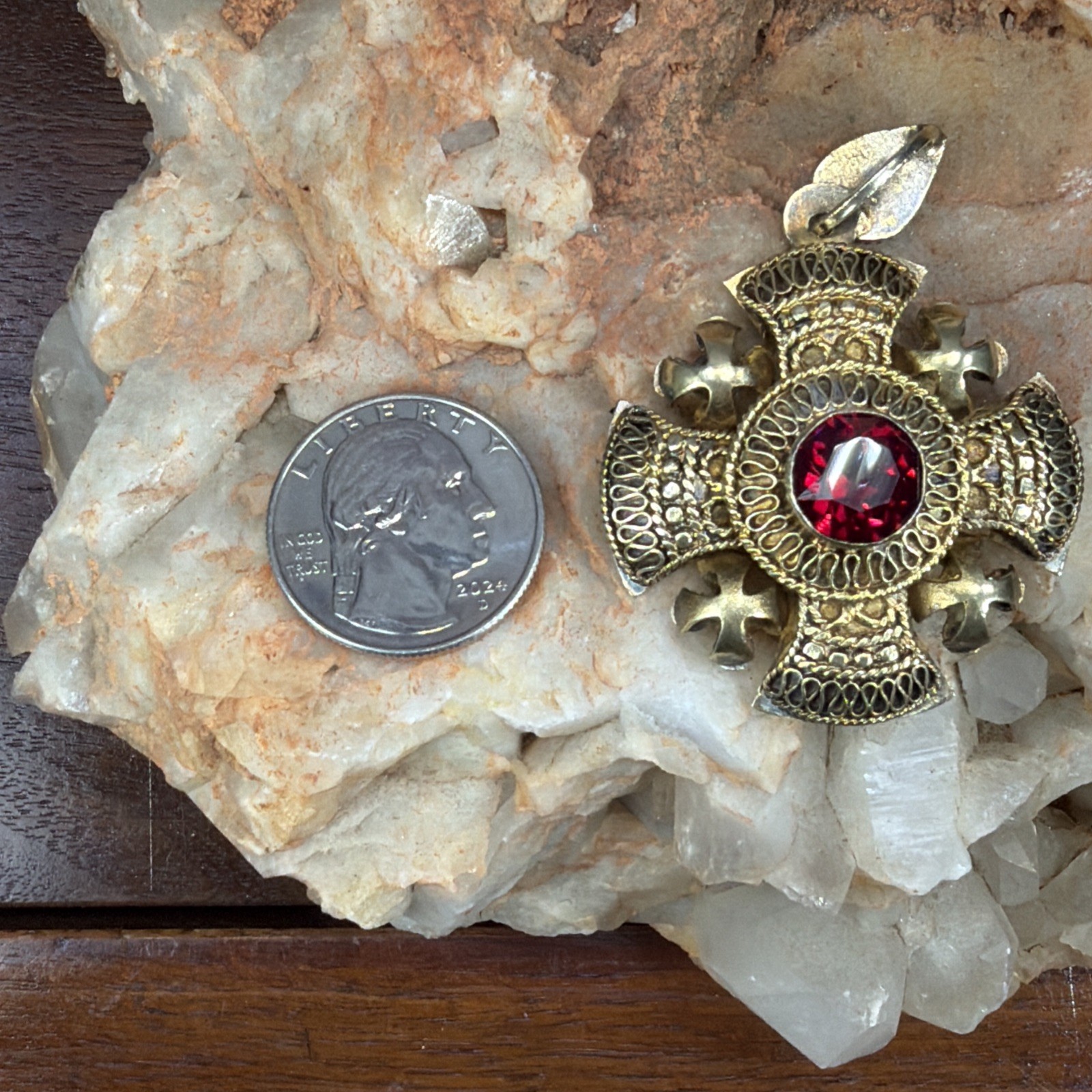 Vintage 1000 Silver Jerusalem Cross Pendant red Stone 14.4 grams 1 5/8″