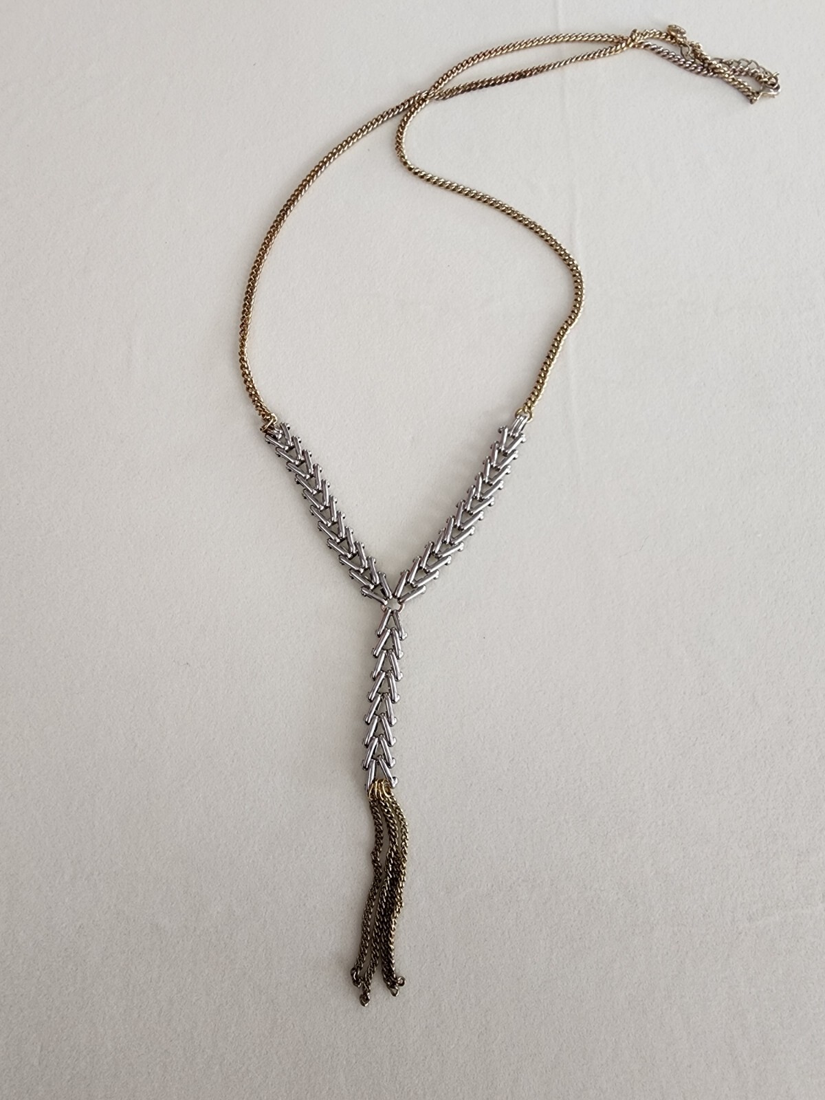 Signed Hinged Chevron Link & Curb Chain Y Statement Necklace Mixed Metals