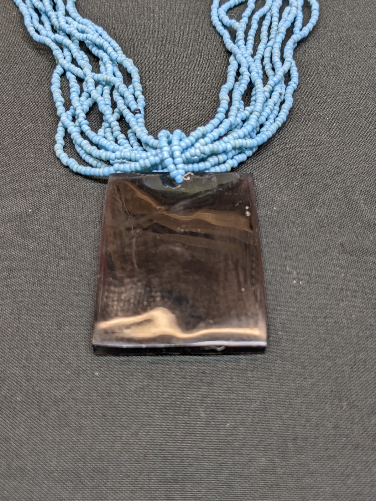 Vintage Blue Seed Bead Necklace Abalone Shell Mosaic Pendant MOP Statement 18″