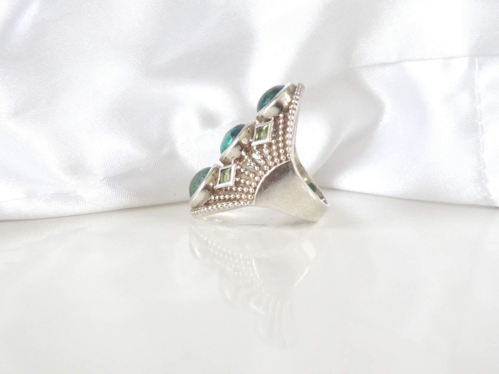 Sterling Silver 925 Large Chrysocola and Peridot Multi Stone Statement Ring 7