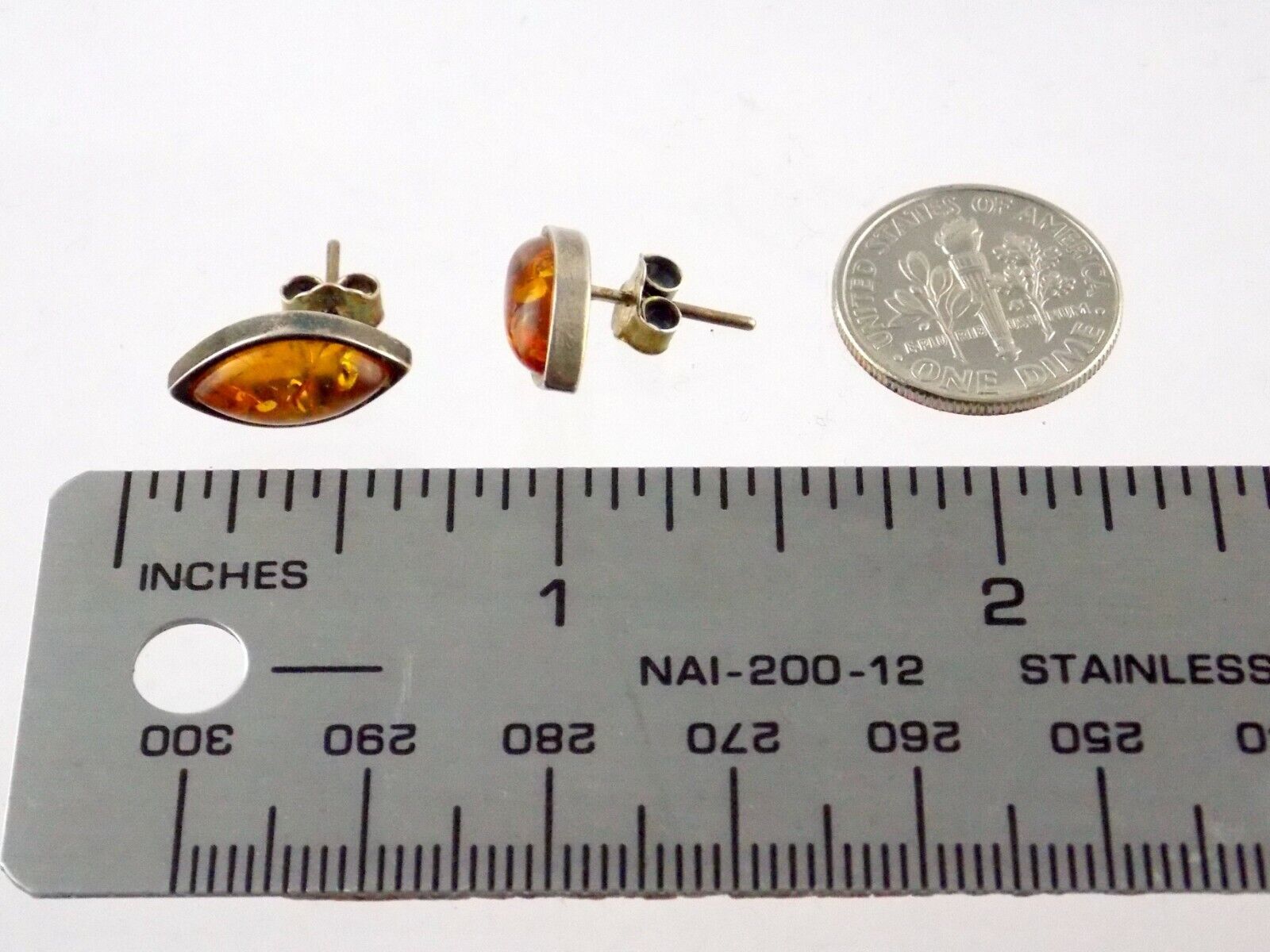Sterling Silver Orange Amber Cabochon Stud Earrings .5 Inch Length 2.5g