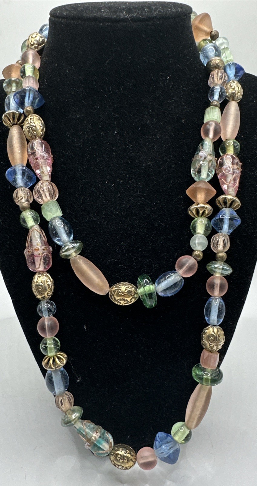 Vintage 40” Pastel art glass lamp work, beads necklace brass tone spacers Beach