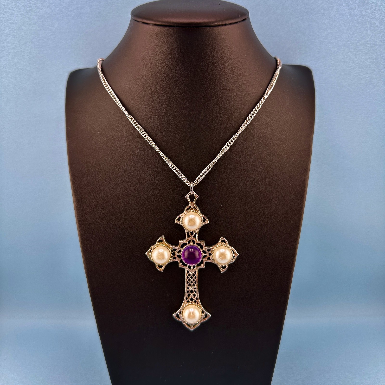 Vintage Cross Pendant Necklace LG Silver Tone Purple Cabochon Faux Pearl Signed