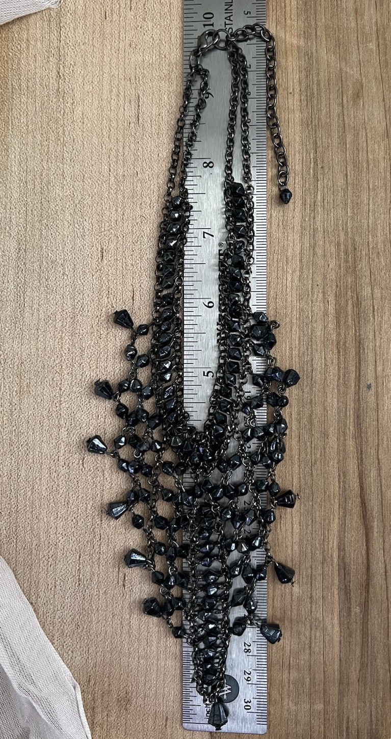 Vintage Black beaded bib statement necklace l glass beads l fringe l 11”