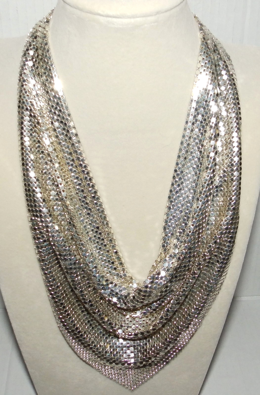 Vintage Whiting & Davis Silver Mesh Drape Bib Chain Scarf Necklace