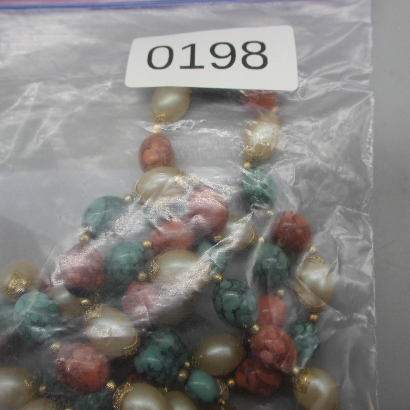 Vintage Hong Kong Necklace Mottled Beads Green Orange Simulated Pearl 19 Inch