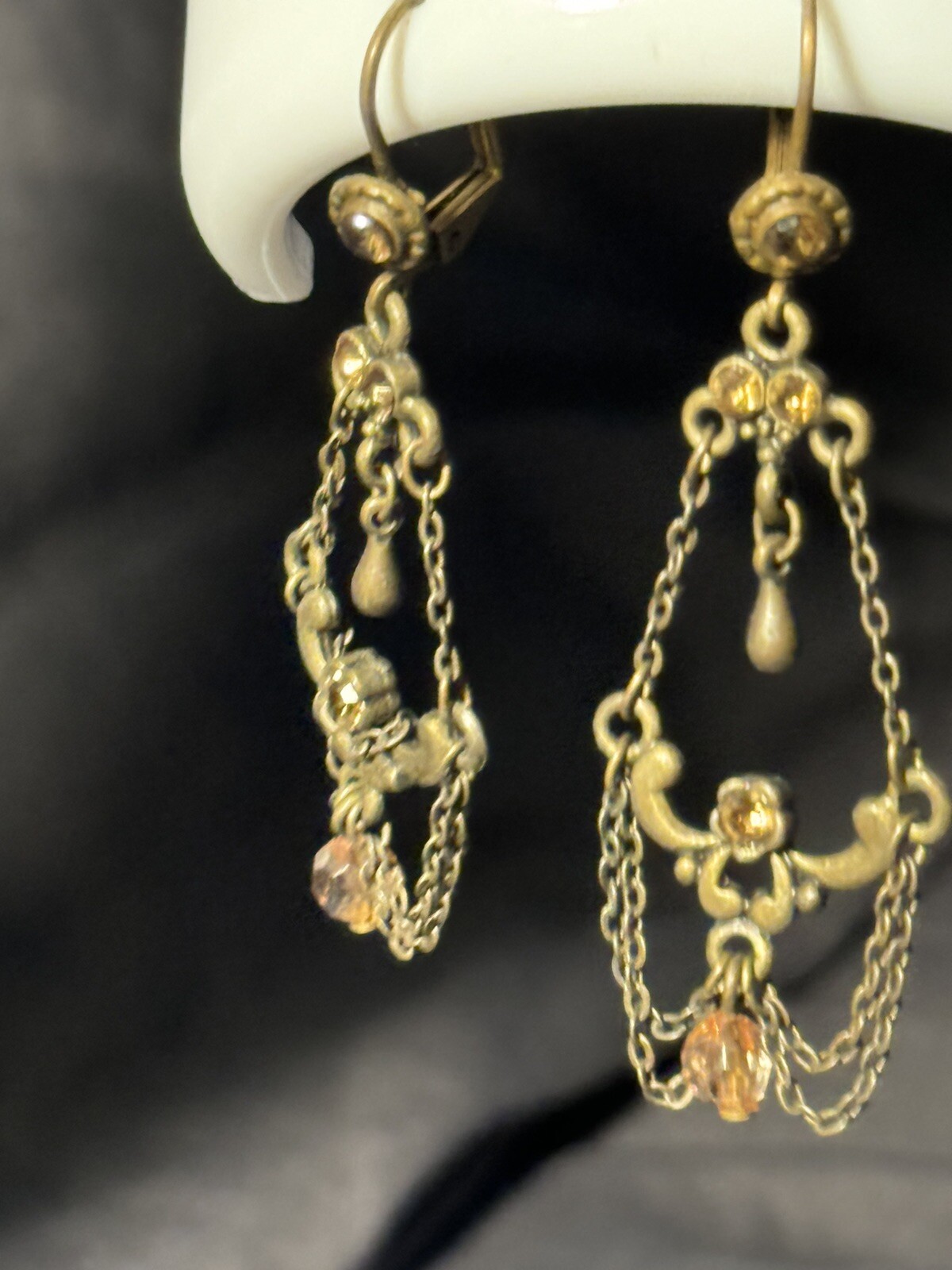 Antique Chandelier Peach Beads Earrings Alloy Metal Self Clasp Beautiful 2inch