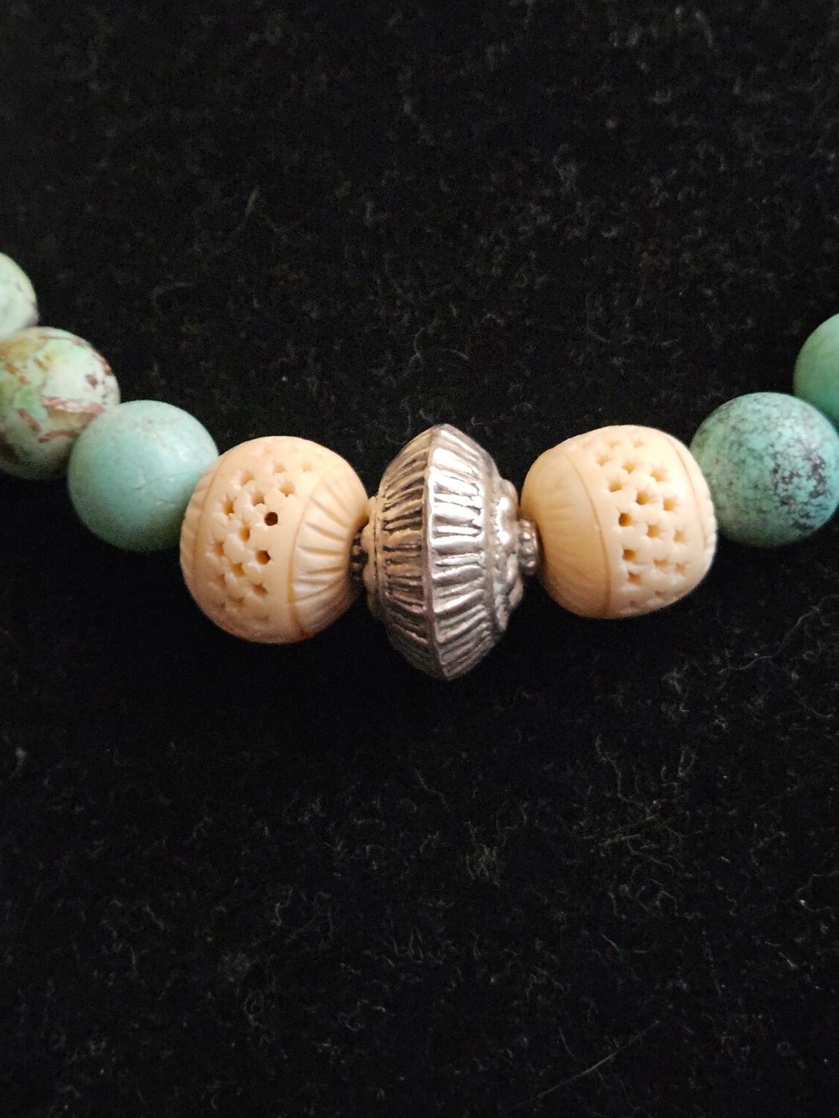 Vintage Tibetan Style Turquoise Necklace with Silver & Carved Bovine Bone Beads