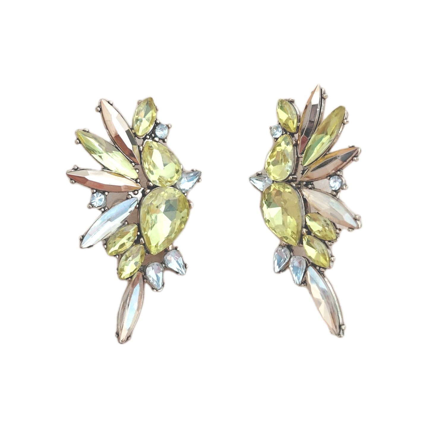 Yellow, Champagne, Clear Rhinestone Earrings / Very Good Condition / 2 In Length