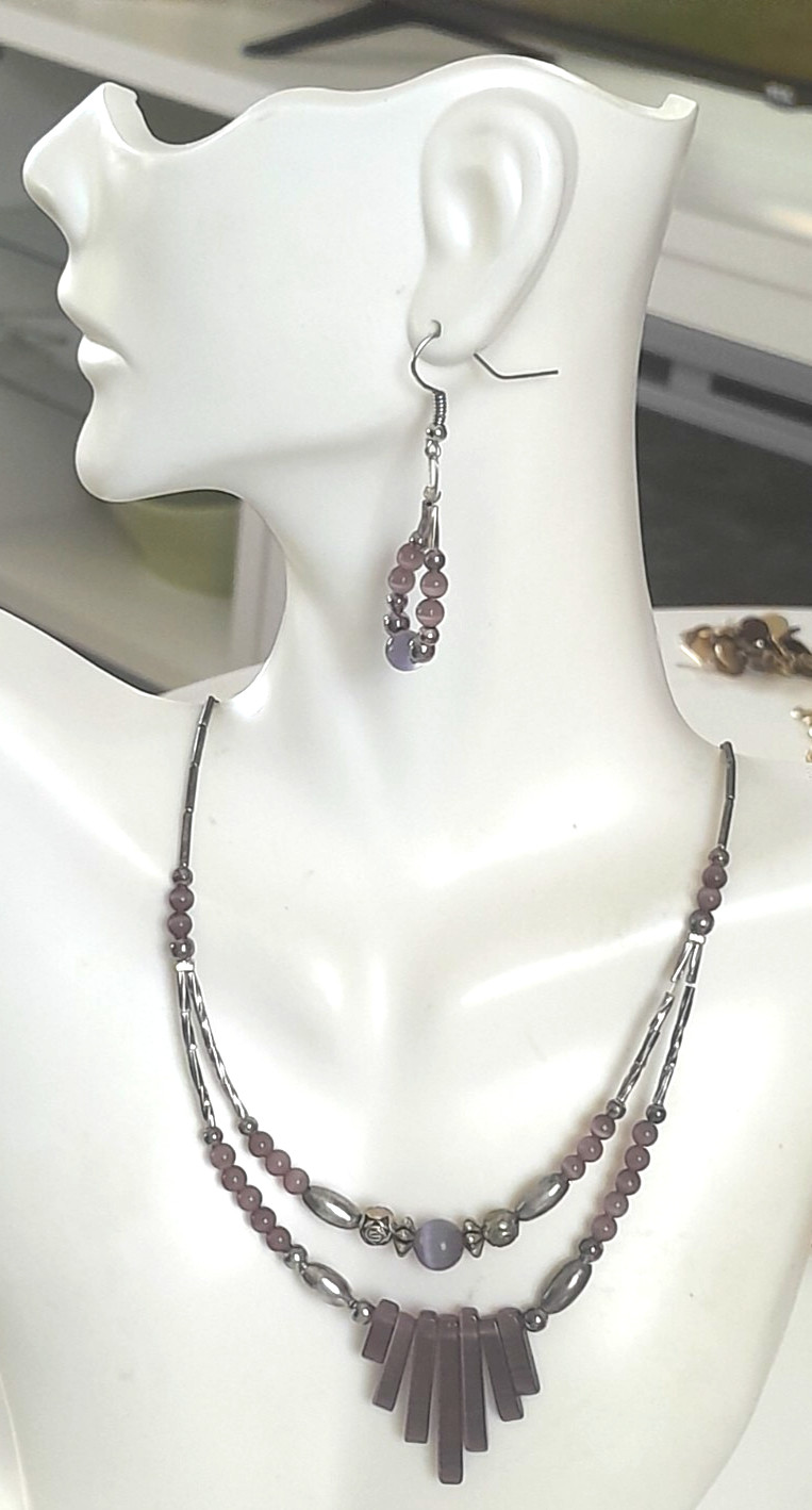 VTG Artisan Silver Tone Violet Purple Glass Necklace, Bracelet, Earrings Set