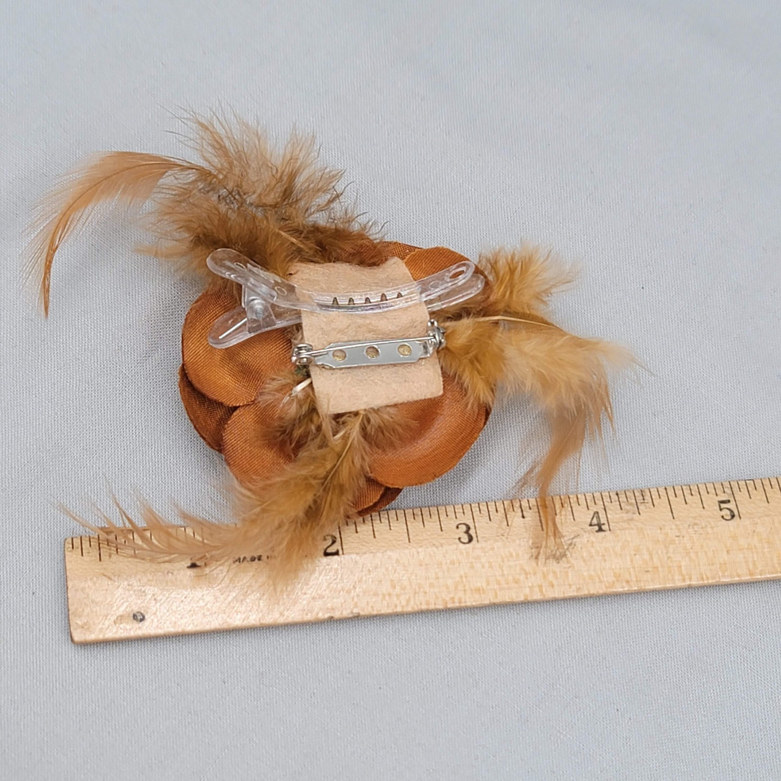 Vintage Golden Brown Fabric & Feather Flower Brooch Clip Pin 3″