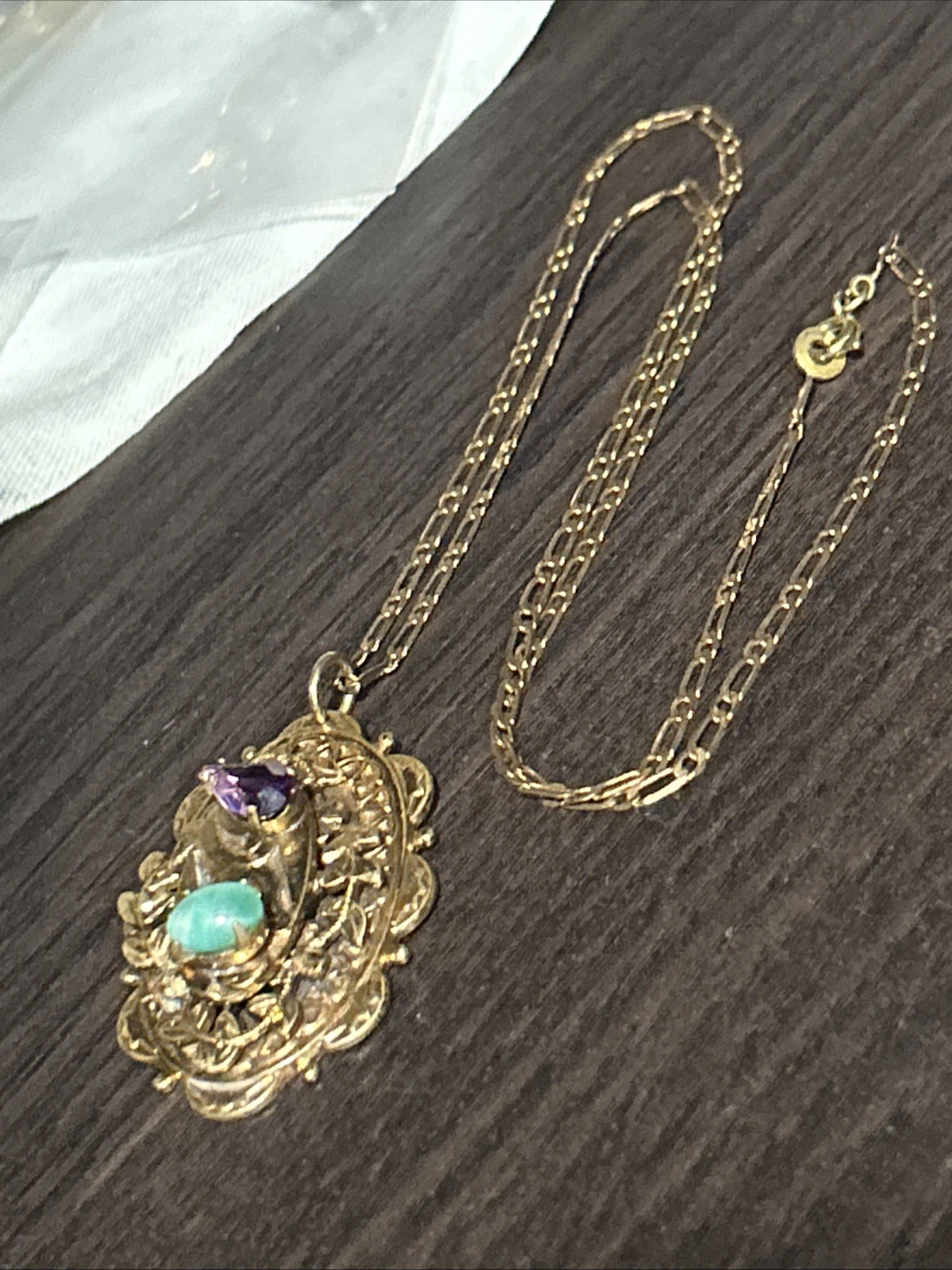 Vintage French Stamp Gold Plate Necklace Art Deco Purple Green Stones Pendant